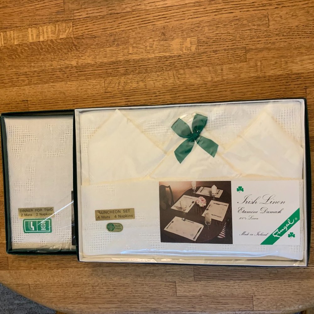 Vintage Irish Etamine White Linen Damask Sets 6 Placemats & 6 Napkins NWT